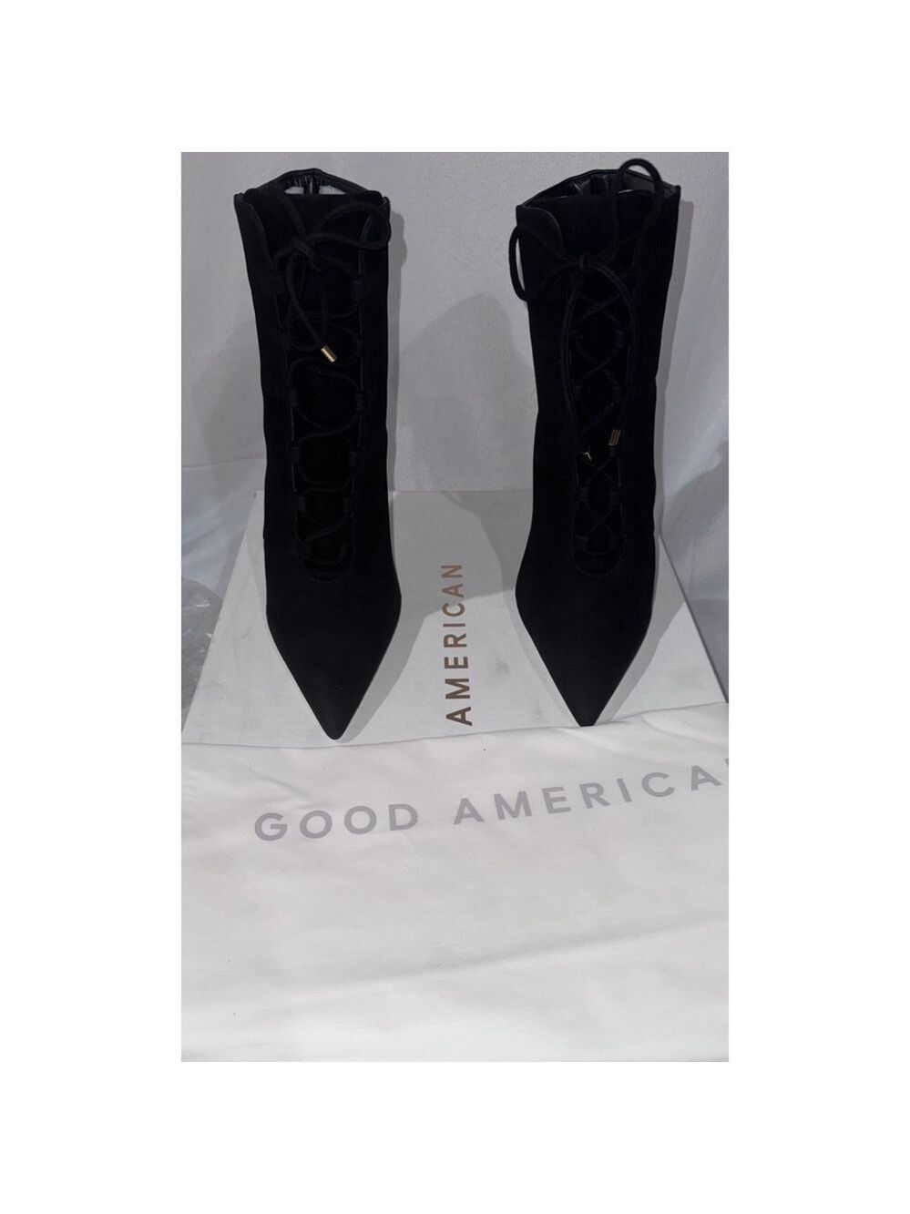 Good American Shoes Womens 7.5 Black Suede Booties Stiletto Heel Boots GA012K-E